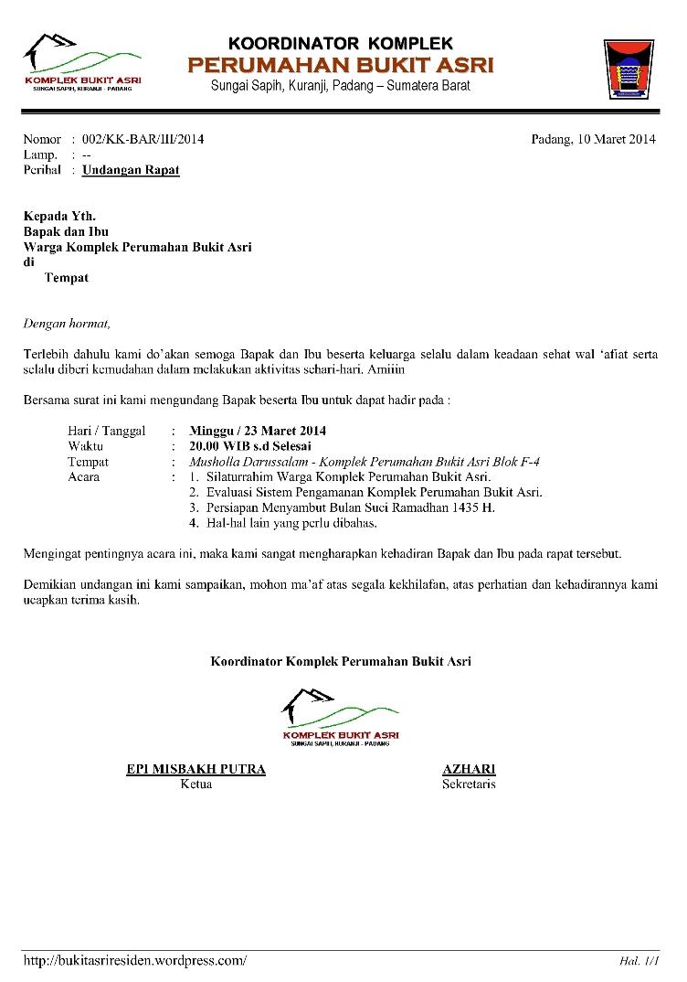 Undangan Rapat 23-3-2014  Koordinator Komplek Bukit Asri